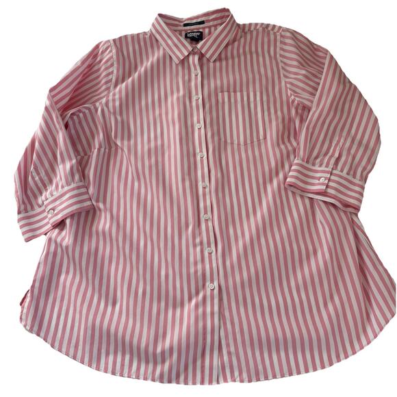 Lands' End Women's Pink & White Striped No Iron 3/4Sleeve Button Up Shirt Sz 18W - Picture 5 of 13